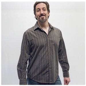 Perry Ellis Black and Brown Striped LS Dress Shirt